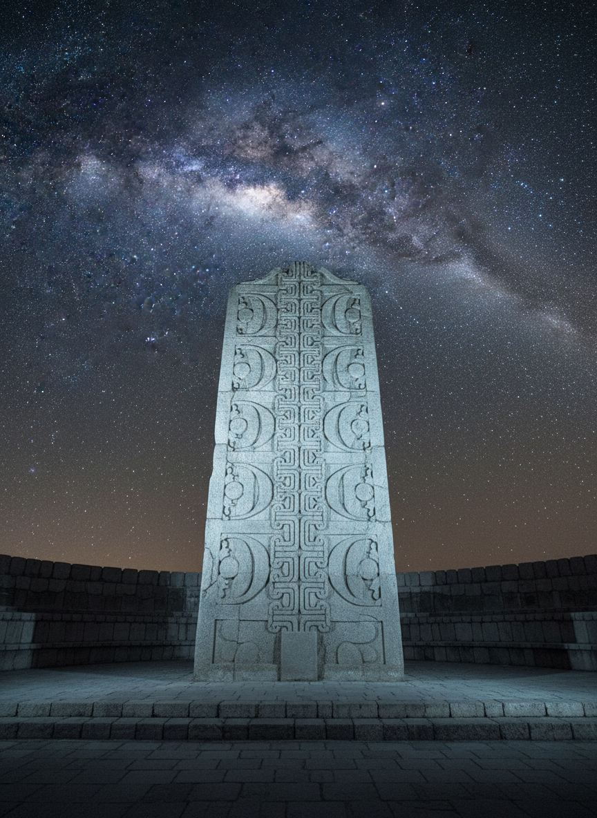 An intricately carved stone monolith in the center of an ancient plaza, its upper edge aligned with a brilliant band of the Milky Way stretching across a clear night sky. Faint engravings of geometric motifs and plant-like symbols cover its surface, subtly highlighted by soft, cool-toned moonlight. Dim, indirect ground lighting reveals surrounding low platforms and terraces without overpowering the stars. Captured in photographic realism with a slightly upward angle, the image balances the monument in the foreground and the luminous galaxy in the background, creating a serene, almost mystical mood that emphasizes the connection between earthbound structures and cosmic patterns.