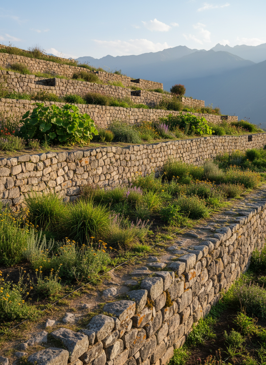 A close-up of a lush, highland archaeological terrace where ancient stone retaining walls support carefully cultivated botanical plots of diverse native plants. The foreground shows detailed textures of rough-hewn stones with tiny lichens and mosses, while the midground is filled with orderly rows of plants bearing different leaf shapes and shades of green. In the background, hazy mountains and a pale blue sky complete the scene. Soft afternoon sunlight illuminates the terraces from the side, producing gentle contrast and subtle shadows between the stones. Photographic realism with moderate depth of field keeps most of the terrace in focus, creating a serene, research-oriented atmosphere that highlights the intersection of archaeology, agriculture, and botany.