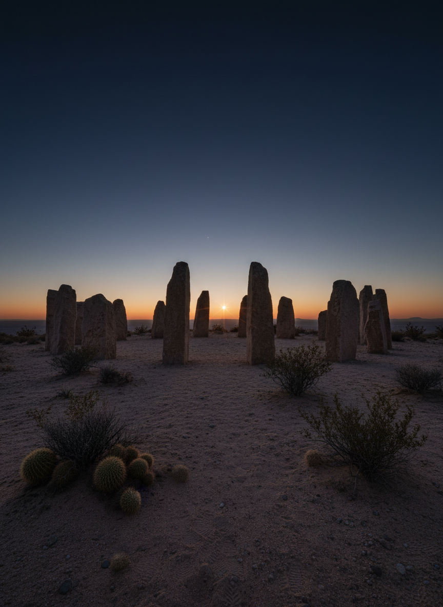 A quiet, high-altitude desert landscape at twilight, dominated by a ring of low, carefully placed standing stones forming a primitive horizon observatory. The sky transitions from deep indigo overhead to a faint orange band near the horizon, where the first bright star of the evening appears exactly framed between two stones. Sparse, hardy shrubs and small cacti dot the sandy ground, their silhouettes crisp against the fading light. Natural twilight illumination and a hint of long-exposure glow create soft, diffuse shadows. Shot in photographic realism from a low, wide-angle perspective, the composition emphasizes depth and solitude, conveying a contemplative, scientific fascination with ancient sky-watching practices.