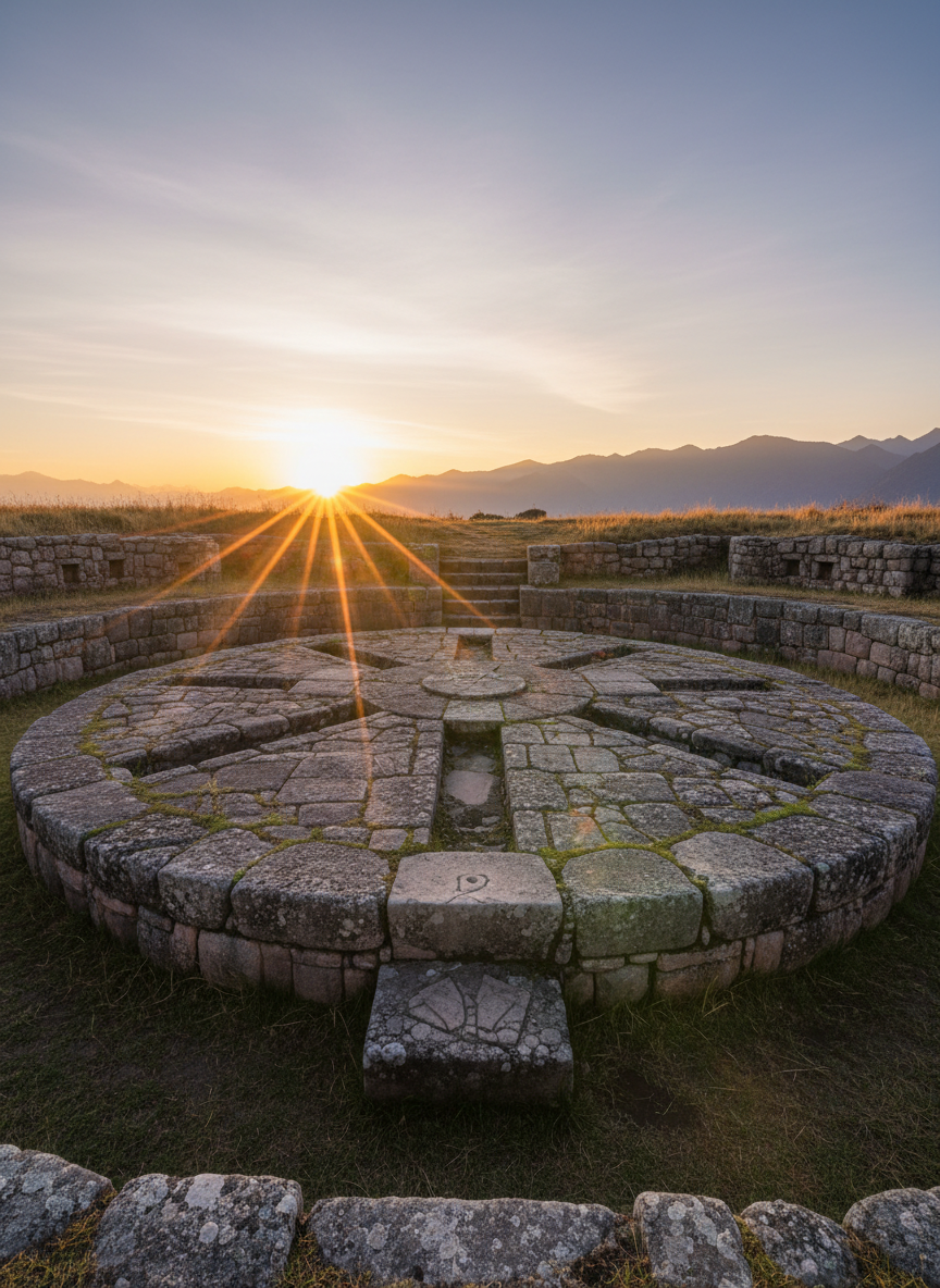 A weathered stone observatory platform on a pre-Columbian archaeological site, its carved alignment markers pointing precisely toward a glowing sunrise on the horizon. Around it, low masonry walls form geometric patterns, partly covered in moss and tufts of dry grass. In the distance, faint silhouettes of mountains frame the sky. Soft golden hour light grazes the stone surfaces, revealing chisel marks and cracks, while long, delicate shadows emphasize the solar alignment. Shot at eye level in photographic realism with sharp focus throughout, the composition uses the rule of thirds to place the horizon low, creating a calm, contemplative atmosphere that evokes the precision and wonder of archaeoastronomy.