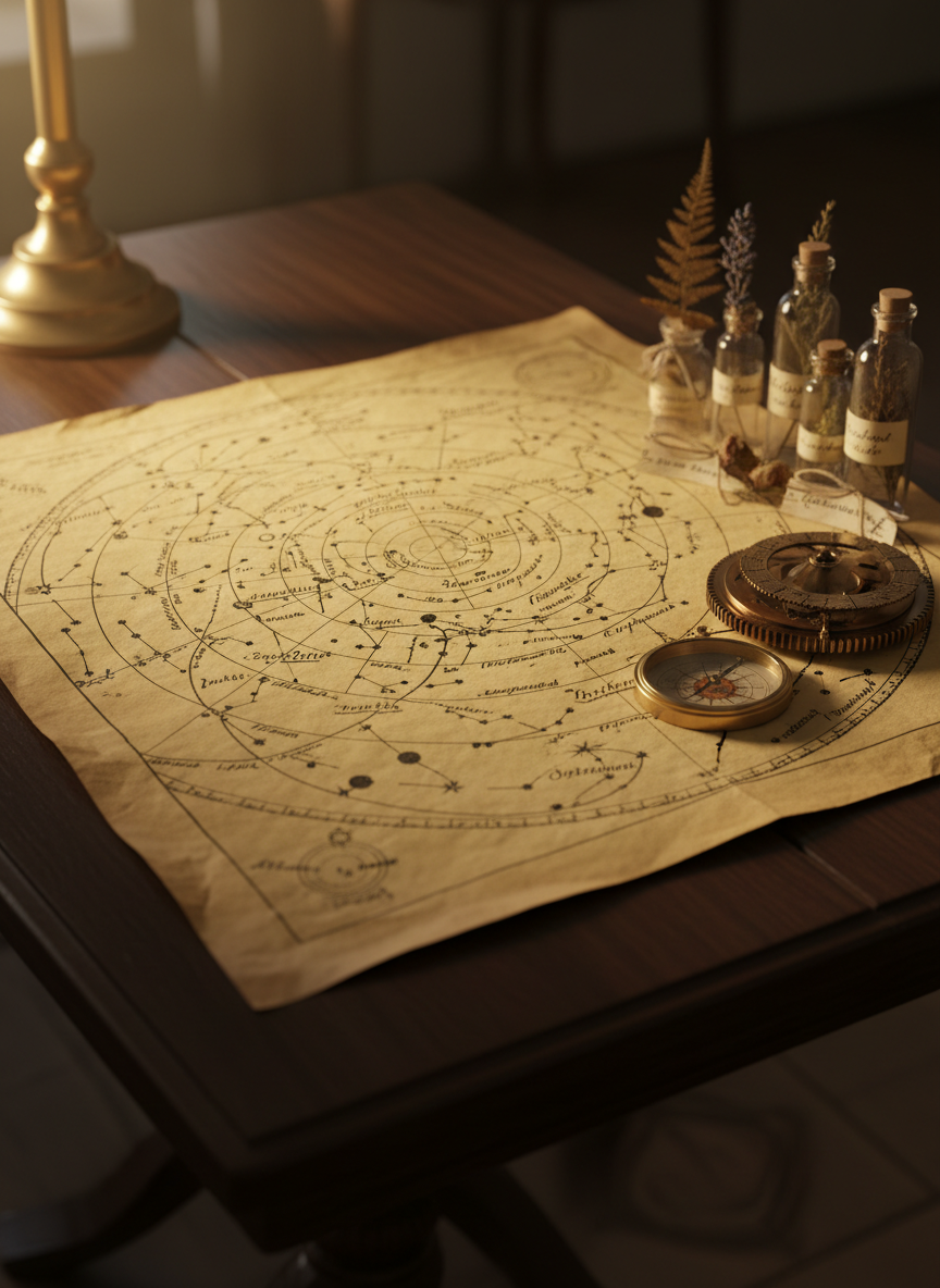 A large, hand-drawn star chart spread across a dark wooden table, featuring precise constellations, solar paths, and annotated alignments sketched in fine ink lines on slightly yellowed parchment. Beside it lie a bronze astrolabe, a compass, and a small collection of labeled plant specimens in glass vials, hinting at interdisciplinary research between archaeoastronomy and botany. Soft, warm lamplight from an unseen source to the left creates gentle highlights on the metal instruments and subtle shadows along the paper’s edges. Photographic realism with a slightly elevated angle and shallow depth of field focuses on the central portion of the chart, evoking a studious, scholarly atmosphere suitable for a professional blog header.